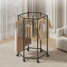Hexagonal Rotating Clothes Hanger With Wheels, Independent Portable Metal Clothing Display Rack And Storage Rack, Suitable For Storage And Display In Laundry Rooms - White - View 7