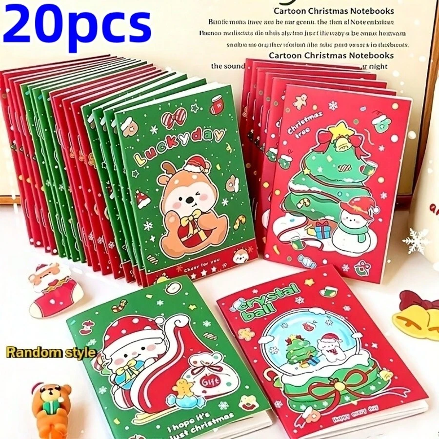 20pcs Christmas Limited Edition Cartoon Notebooks, Random Mixed Style Cartoon Christmas Tree Crystal Ball Illustrations, Compact Portable Holiday Notebooks, Deer Snowman Illustrations Student Stationery Holiday Gifts, Student Holiday - Multicolor - View 1
