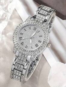 6pcs/Set Fashion Women's Quartz Luxury Set, Digital Full Rhinestone Bracelet Watch (1 Watch + 5 Accessories) - Silver - View 6