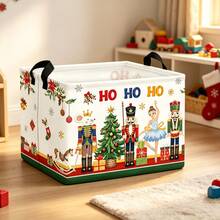 1pc Christmas Nutcracker HO HO HO Print Storage Basket With Handle, Collapsible Rectangular Fabric Storage Bin, Home Decor Organizer For Bedroom Closet, Foldable Holiday Storage Tote, Xmas Decor, Great For Storing Toys Clothes Blankets - Pink - View 1