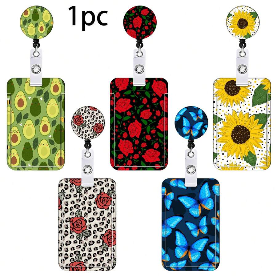 1pc Rose Sunflower Butterfly Avocado Print Lanyard Card Holder Set - Multicolor - View 1