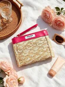 Colorblock Straw Woven Patchwork Makeup Storage Bag With Zipper Wrist Strap, Large Capacity Portable Toiletry Bag, Vacation Style Travel Organizer Pouch For Home And Travel, Birthday Holiday Gift For Best Friend, MIU MIU - Rose Red - View 5