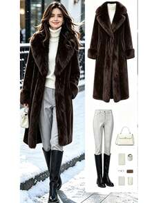 Women's Elegant Faux Fur Collar Jacket, Winter - Brown - View 1