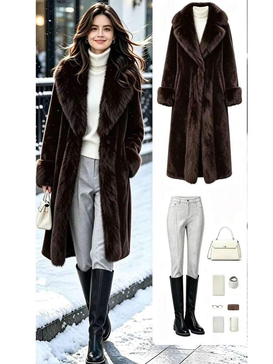 Women's Elegant Faux Fur Collar Jacket, Winter - Brown - View 1