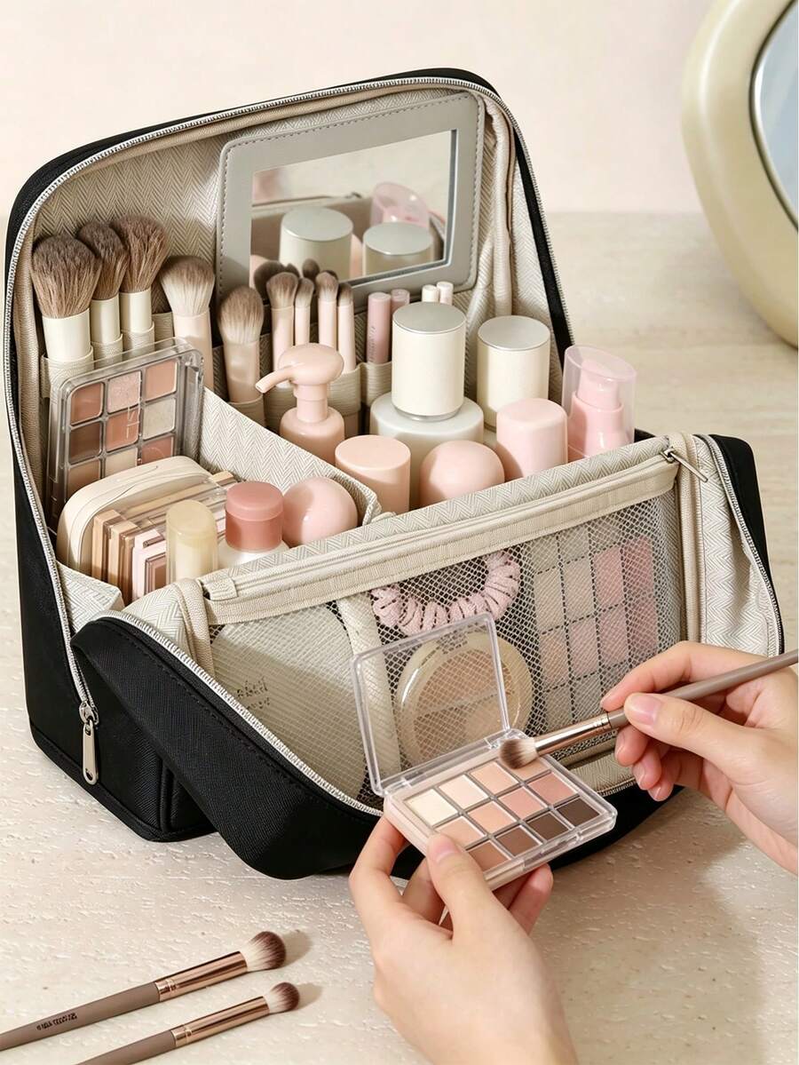 Upright Cosmetic Bag, Large Capacity Multi-Functional Portable Travel Business Toiletry Bag, Multi-Compartment Design Mesh Pockets, Portable Skincare Products Storage, For Women, Christmas Gift, Great Gift For Her,Makeup Pouch,Travel Essential