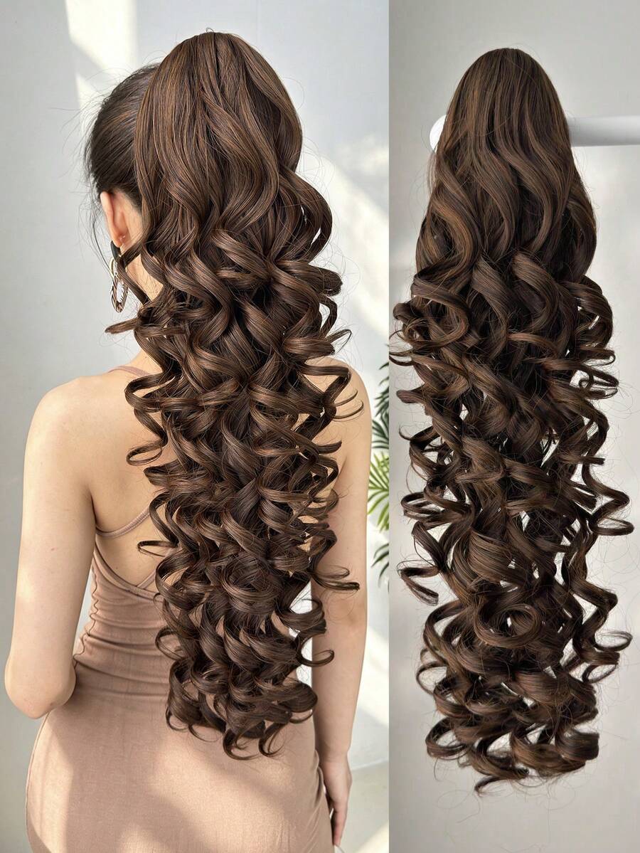 HEYPINK 26 Inch Long Brown Natural Wavy Heat-Resistant Fiber Synthetic Ponytail Hair Clip, Suitable For Women's Daily And Party Use, Halloween