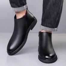Men's Smooth Leather Ankle Boots Side Stitching Detail Heel Pull Tab Round Toe Low Block Heel Black Slip On Casual Business Daily Wear Shoes - Black - View 2