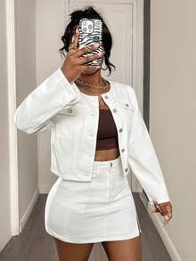 Women's White Round Neck Short Denim Jacket (Jacket Only), Faux Pocket Decoration Single-Breasted Long Sleeve Autumn New Versatile Jacket Top - White - View 3
