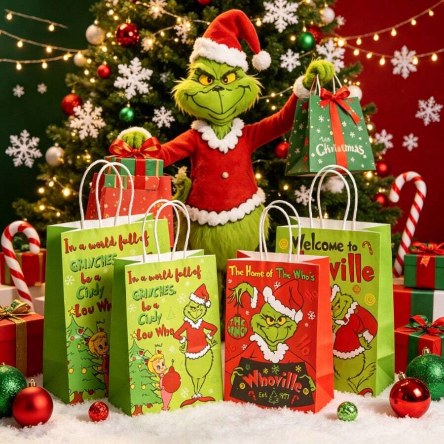 The Grinch 4pcs Christmas Theme Gift Bags Set, Printed With Santa Hat ...