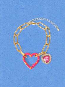 Popjeli 1pc Fashionable Cute Geometric Colorful Enamel 3D Heart Charm Adjustable Stainless Steel Chain Bracelet - Oil-dripping Heart Chain Bracelet - View 7