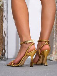 Gold Square Toe Stilettos High Heel Sandals With Stiletto Heel, One-Strap Buckle, Open Toe, Elegant Versatile Women's Shoes For Dating And Party - Gold - View 5