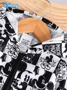 Disney Autumn Baby Boy Newborn Mickey Mouse Cute Zipper Hooded Jacket With Mickey Mouse All-Over Print, Cute Cartoon Pattern, Slightly Elastic, Suitable For Baby Newborn Daily Wear, Great Gift - Black - View 3