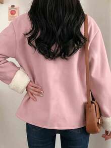 Women's Autumn/Winter Wool Blend Short Jacket, Long Sleeve Faux Fur Collar Patchwork Jacket, Button Front Placket Pocket Design, Casual Versatile Outerwear - Pink - View 5