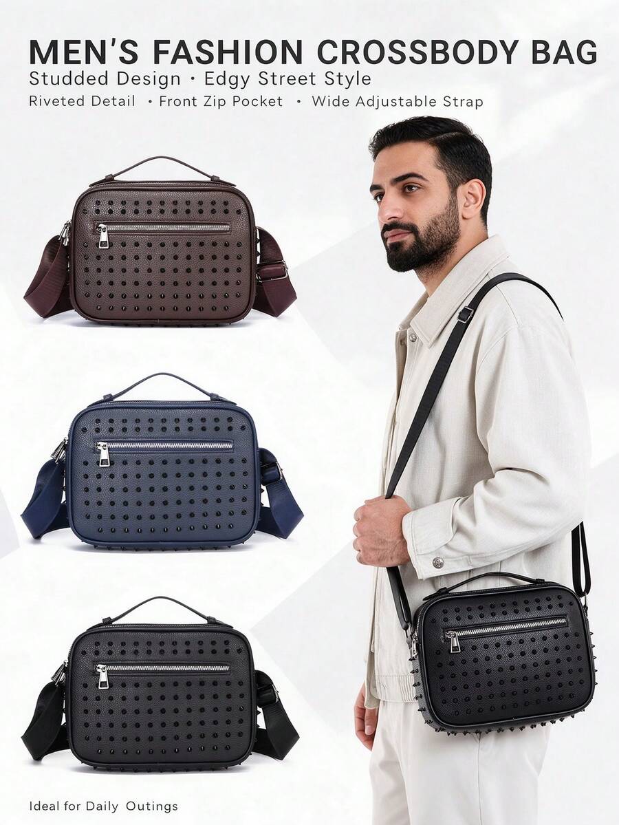 Men's Rivet PU Crossbody Bag, Fashion Forward Travel Camera Bag, 3 Colors Available, Gift For Boyfriend