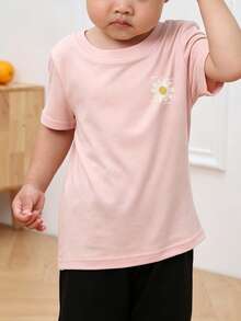 Baby Girls' Minimalist Doodle Daisy Print Round Neck Short Sleeve Cute Top - Pink - View 4
