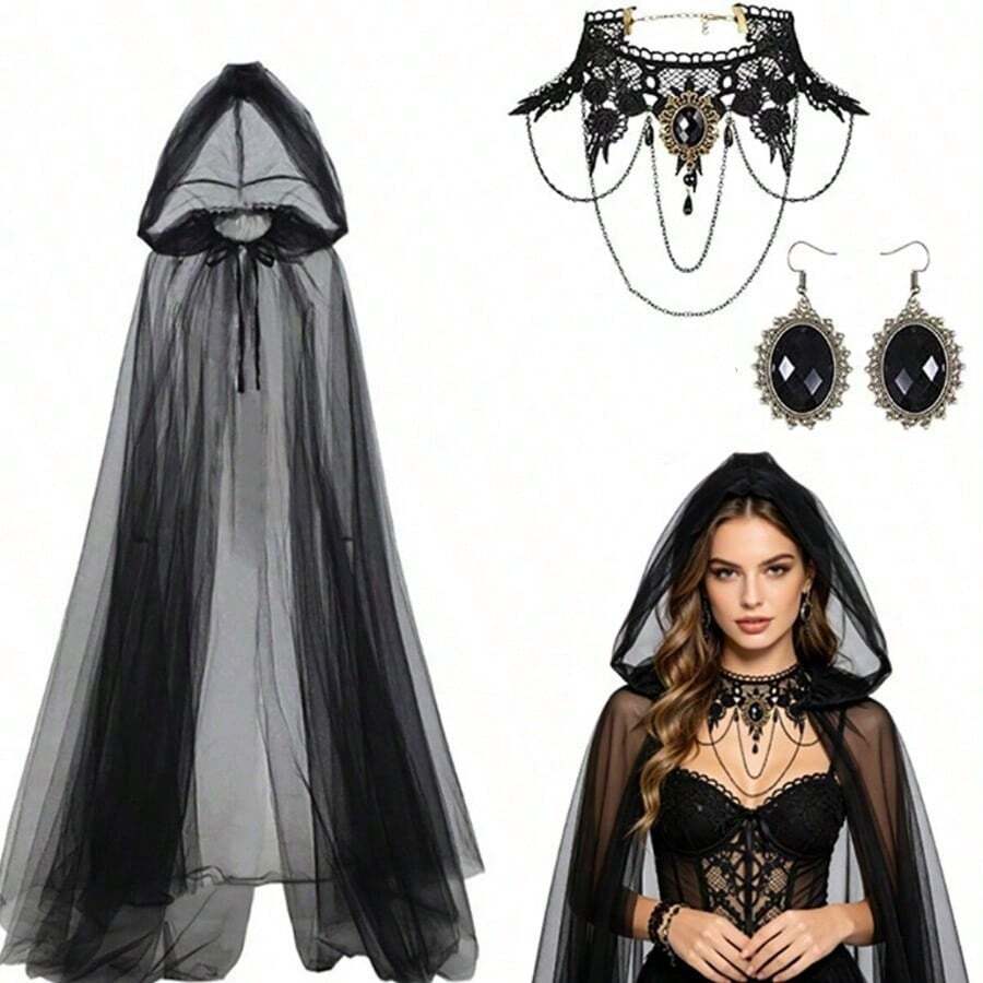 4pcs Halloween Dark Gothic Hooded Tulle Shawl Set, Vintage Lace Choker, Earrings, Party Accessories