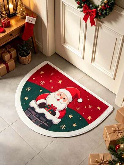 1pc Christmas Santa Claus Pattern Semi-Circular Welcome Doormat, Soft Comfortable Fabric Thick With Foot Feel Easy To Clean Washable, Foldable Easy Care Carpet Mat, Suitable For Indoor Doormat, Small Carpet, Carpet, Mat, Outdoor Doormat, Kitchen Carpet, Home Decor, Front Door Mat, Area Rug, Outdoor Mat, Christmas Home Decor Carpet, Christmas Holiday Gift