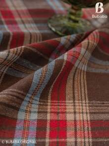 Christmas Plaid Round Tablecloth With Ruffled Edge, Vintage Tartan Table Cover For Holiday Dining Table, Farmhouse Christmas Kitchen & Home Decor - coffee color - View 9