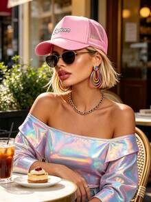 1Pc Women 12 Zodiac Signs Trucker Hat, Pink Breathable Mesh Back Baseball Cap, Adjustable Snapback Sun Hat, Party Festival Streetwear Accessory,Gift - Pink - View 4