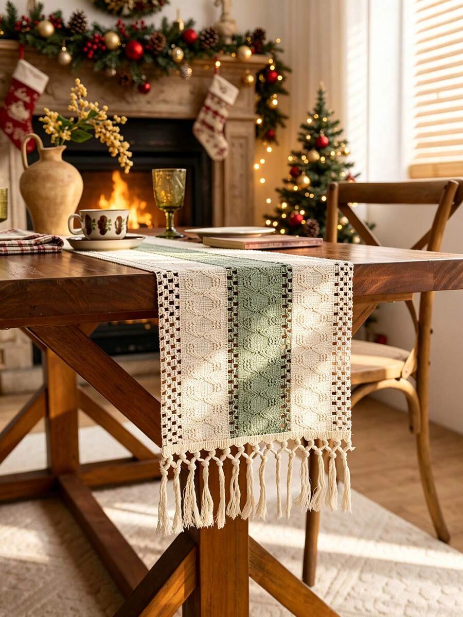 Boho Farmhouse Macrame-Style Table Runner -Hand-Woven Tassels For Dining Tables, Round Coffee Tables & Rustic Home Decor,For Wedding, Parties & Mother's Day Decor Christmas Decor Home & Restaurant Decor, Kitchen Dining Table Centerpiece