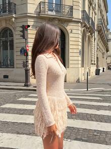 Chic Women's Long Sleeve Knit Mini Dress With Fringe Detail Short Sweater Dress, Collared Design, Perfect For Spring And Fall Fashion - Apricot - View 4