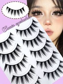 5 Pairs Wet Manga Style Pointed Eyelashes, Thick & Voluminous Curly Doll Big Eye False Eyelashes, Soft Synthetic Fiber For Date & Daily Wear - Black - View 2