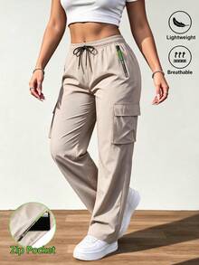Women's Fashion Casual Solid Color Cargo Pants, Drawstring Waist With Large Pockets, Suitable For Outdoor, Sports, Daily Fashion Wear - Apricot - View 2