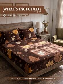 1pc Brown Maple Leaf Print Crystal Plush Fitted Sheet, Plush Bedding ...
