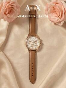 Armani Exchange Women's Gold-Tone Chronograph Watch, Brown Leather Strap, Mother Of Pearl Crystal Dial, Quartz Watch - Gold - View 7