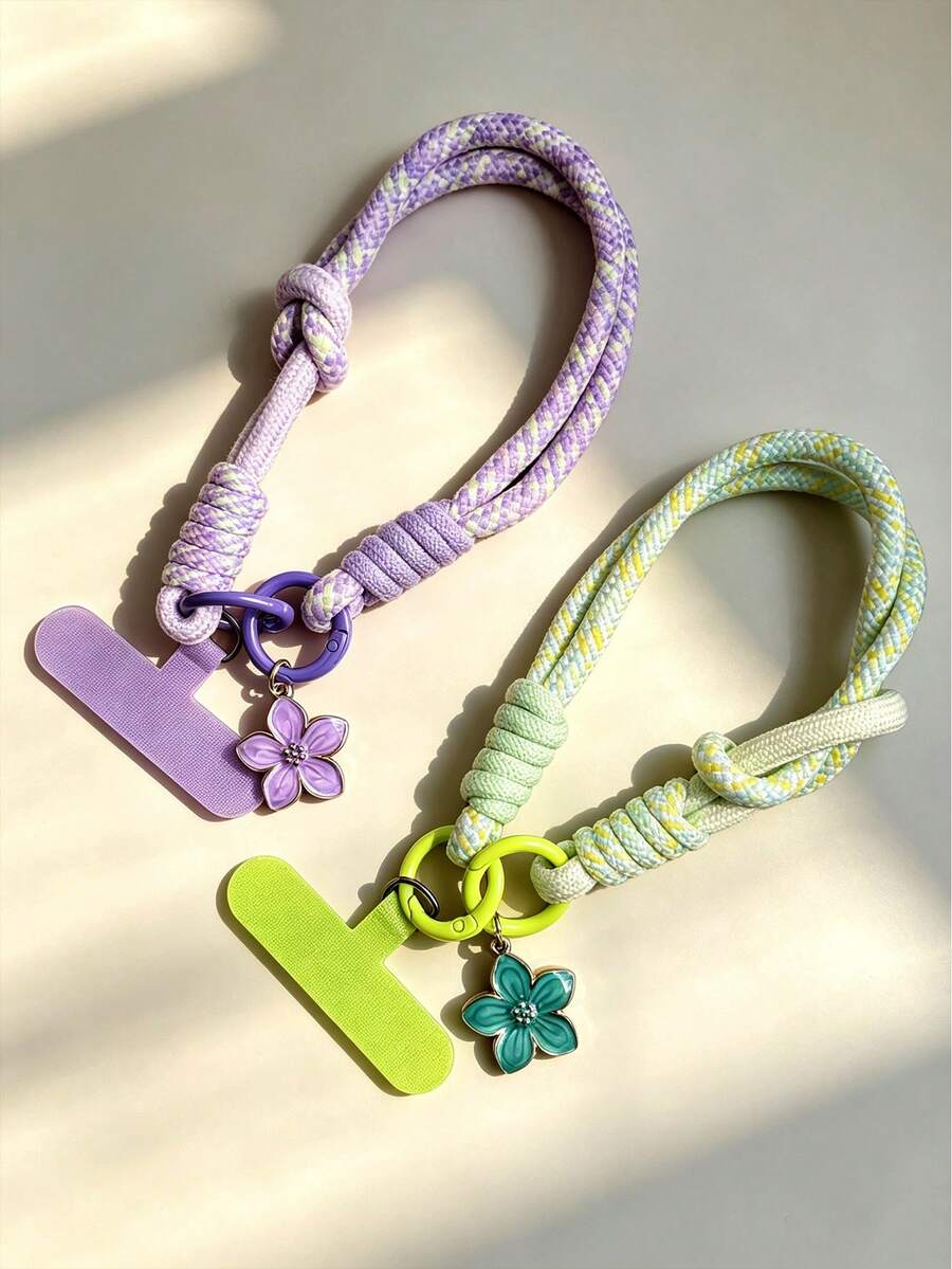 Colorful Blended Woven Short Phone Lanyard, Highly Attractive Phone Wrist Strap, Cute Flower Pendant Anti-Loss Anti-Drop Phone Lanyard (With Connector Patch), Universal Phone Case Hanging Chain, Portable Accessory For Keys, Cameras, Macaron Fresh Color Scheme - Multicolor - View 1