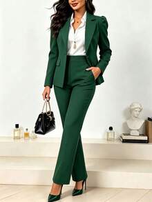Setelan 2 Potong Elegan Musim Semi/Gugur untuk Wanita, Blazer Hijau Tua dengan Potongan Pinggang Pendek Bergaya Vintage Inggris dengan Kancing dan Celana Panjang Lurus Kasual Sederhana - Dark Green - View 2