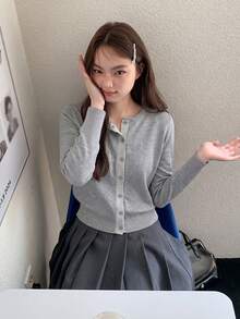 Women's Winter Korean Style Contrast Color Plaid Patchwork Long Sleeve Crew Neck Knit Cardigan Sweater Jacket Top, New Autumn/Winter Versatile - Grey - View 4