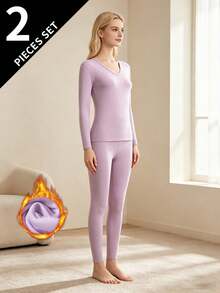 2pcs Women's Thermal Underwear Set, Round Neck Top + Pants, Winter Base Layer Tight-Fitting Innerwear - Lilac Purple - View 2