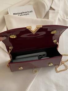 Wine Red Patent Leather Top Handle Bag, Women A‑Shape Metal Buckle Flap Chain Crossbody Shoulder Purse - Burgundy - View 9