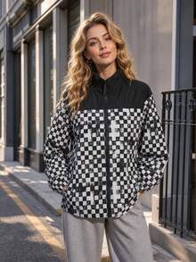 Women's Spring/Autumn Outdoor Street Style Jacket, Colorblock Plaid Print Casual Outerwear With Elastic Cuffs And Adjustable Drawstring Hem - Black - View 2