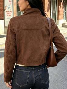 Jaket Pendek Wanita Warna Cokelat dengan Kerah Tegak dan Saku - Coklat - View 3
