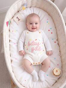 Baby Girls' Sweet Cute "BDAY GIFT" Letter Embroidery Knit Camisole Romper, Summer - White - View 1