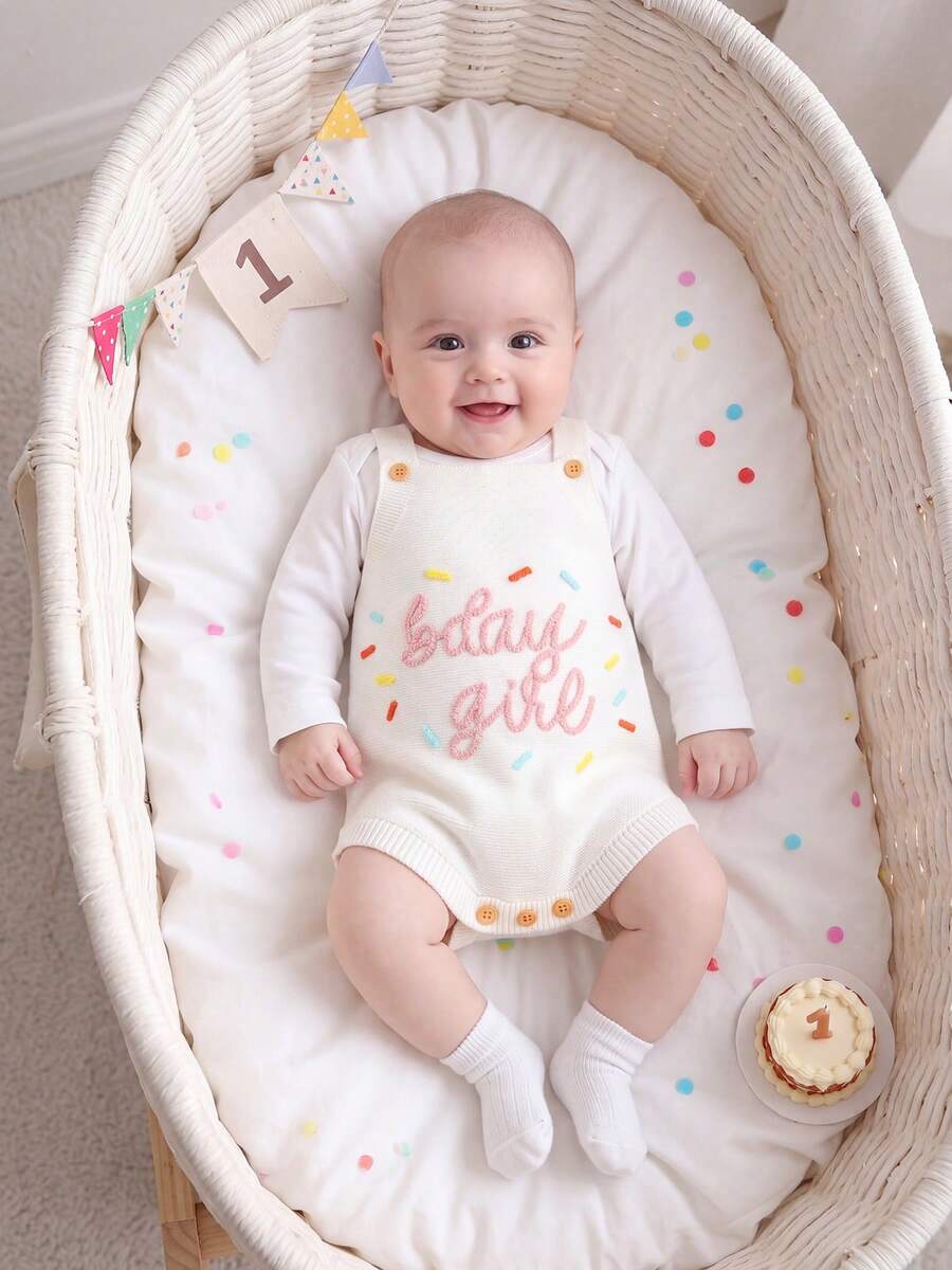 Baby Girls' Sweet Cute "BDAY GIFT" Letter Embroidery Knit Camisole Romper, Summer - White - View 1