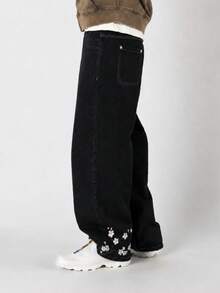 Men's Floral Crane Embroidery Pattern Casual Daily Denim Jeans - Black - View 4