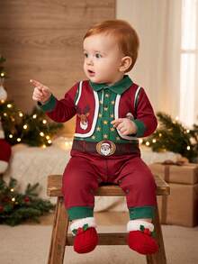 Christmas Santa & Reindeer Print Baby Long Sleeve Romper, Red & Green Colorblock Faux Belt Holiday Infant Long Crawler - Multicolor - View 3