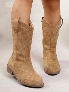 Khaki Girls' Western Cowboy Boots With Embroidered Pattern, Side Zipper, Mid-Calf, Chunky Heel, Suitable For Party, Daily Wear, Outdoor - Brown - View 9