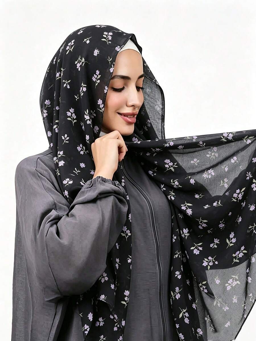 1pc New Printed Chiffon Muslim Hijab, Soft And Breathable Daily Wear Printed Scarf, Modest Hijab Shawl - #151 Black - View 1