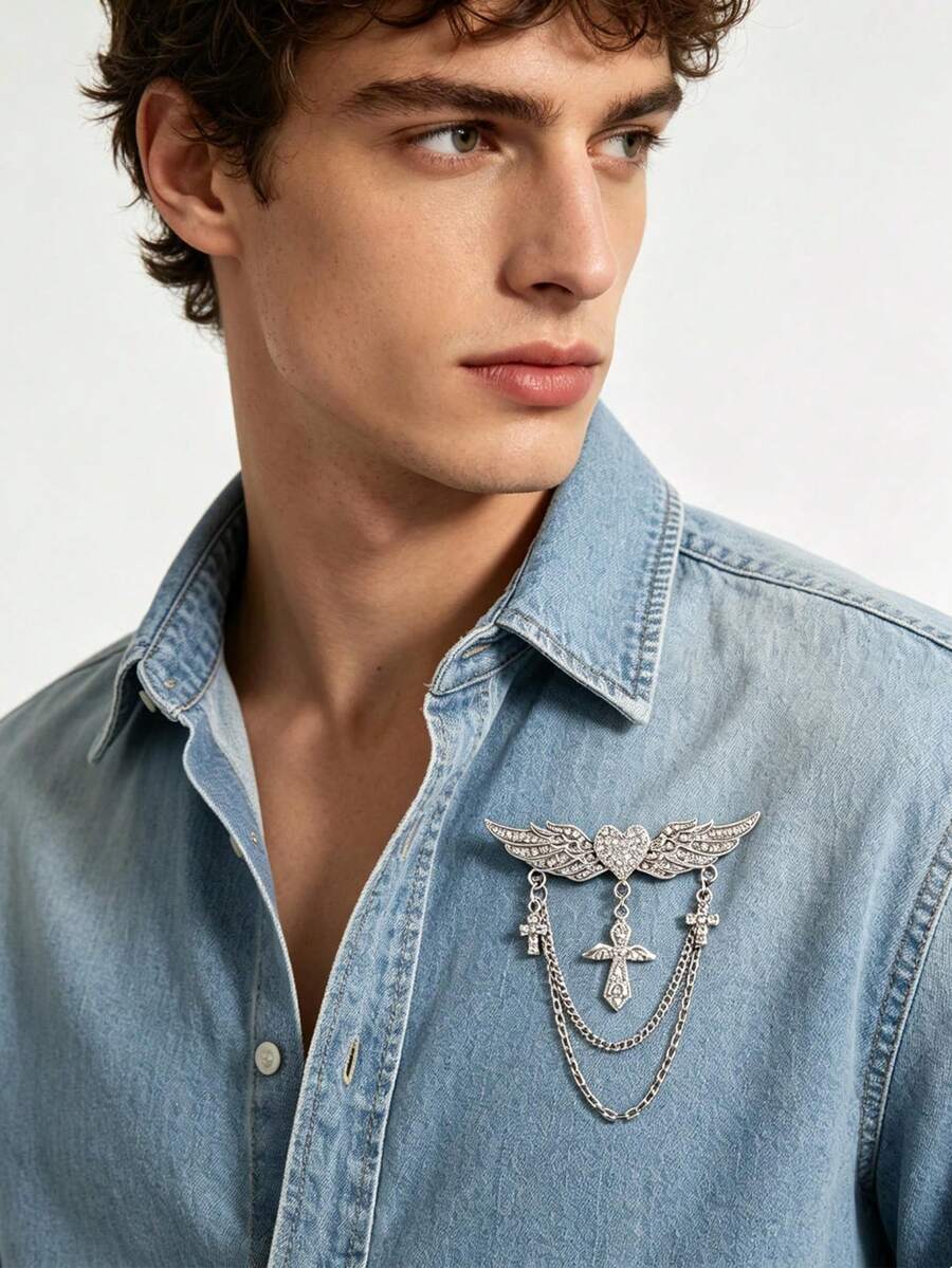 2/4pcs Men Rhinestone Angel Wing Heart Collar Pin, Multi Layer Chain Pendant Lapel Brooch, Vintage Shirt Collar Pin Accessory For Suit Shirt Decor - Multicolor - View 1