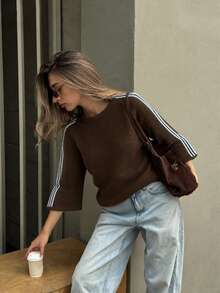 Women's Plus Size Casual Sweater, Brown Knit Sporty Striped 3/4 Sleeve, Comfortable Regular Length, Autumn - Brown - View 6