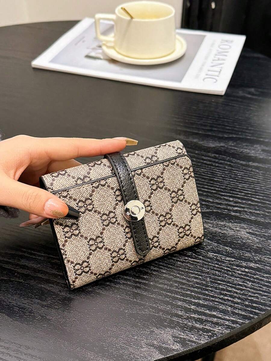 Women's 3-Fold Flap Snap Short Black Classic ID Card Holder, Anti-Theft Bank Card Wallet, Transit Card Wallet, Fashionable Retro Short Wallet - Black - View 1