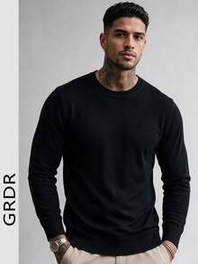 Men's Solid Black Wool Sweater, Soft And Cozy, Round Neck, Basic Casual Pullover, Layering Base Layer, Knit Jumper, Autumn/Winter - Black - View 5