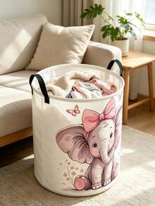 [Cute Elephant Storage Basket]Cute Elephant Laundry Basket, Foldable Round Storage Box With Sturdy Handle | Pink Bow And Butterfly, Soft Macaron Cartoon Design, Durable Storage Bin, Suitable For Game Room, Spring Cleaning, Lightweight, Suitable For Bedroom, Bathroom - Multicolor - View 4