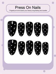 30pcs Medium Short Almond Shape Black & White Color Block Polka Dot Pattern Fake Nails, Fashion Retro Y2K Style, Suitable For Daily Wear, Includes 1pc Adhesive Tape And 1pc Mini Nail File, Random Shipment - Black - View 3