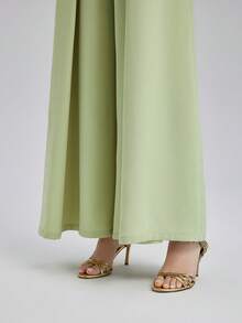 Rich Radi Q's Women's Full-Length Wide-Leg Jumpsuit, Light Green Formal Evening Style, Round Neck Long Sleeve Woven Non-Stretch Fabric, With Cape Design - Green - View 6