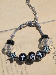 1pc Dark Gothic Style Cross Charm Bracelet, Star Cross Bracelet, Street Style Fashion Star Bracelet - Silver - View 6